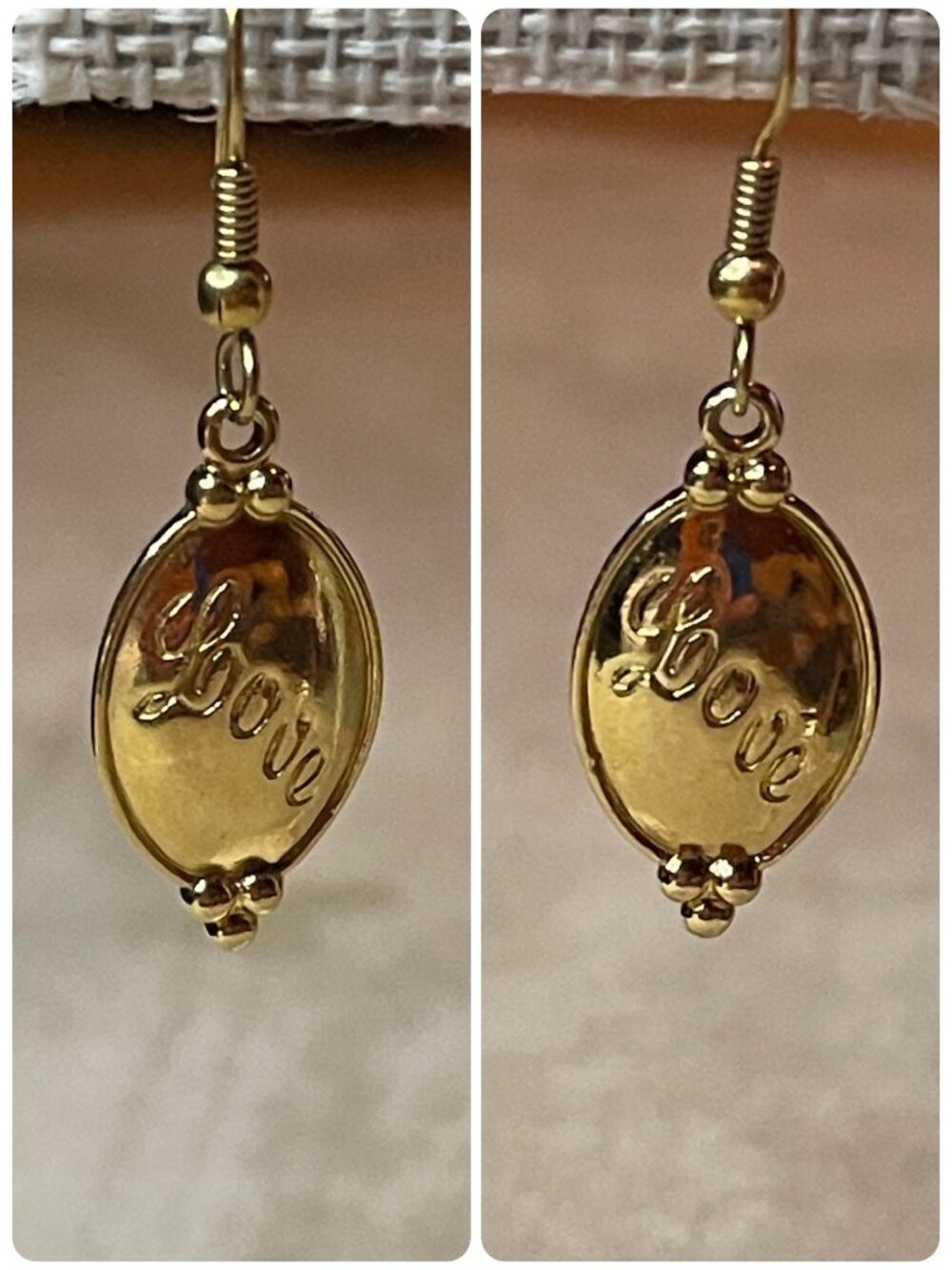 Vintage 80s Avon Gold Tone Love Oval Drop Dangle Earrings
